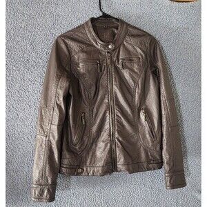 Jou Jou Women’s Faux Leather Moto Jacket Brown XL Zip Front Lined Biker